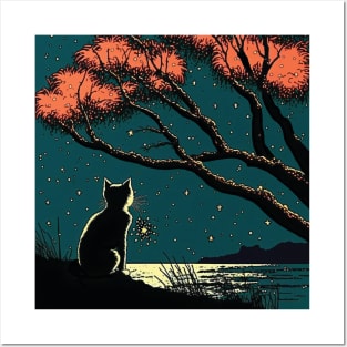 Black Cat Sitting by a Lake on a Starry Night Posters and Art